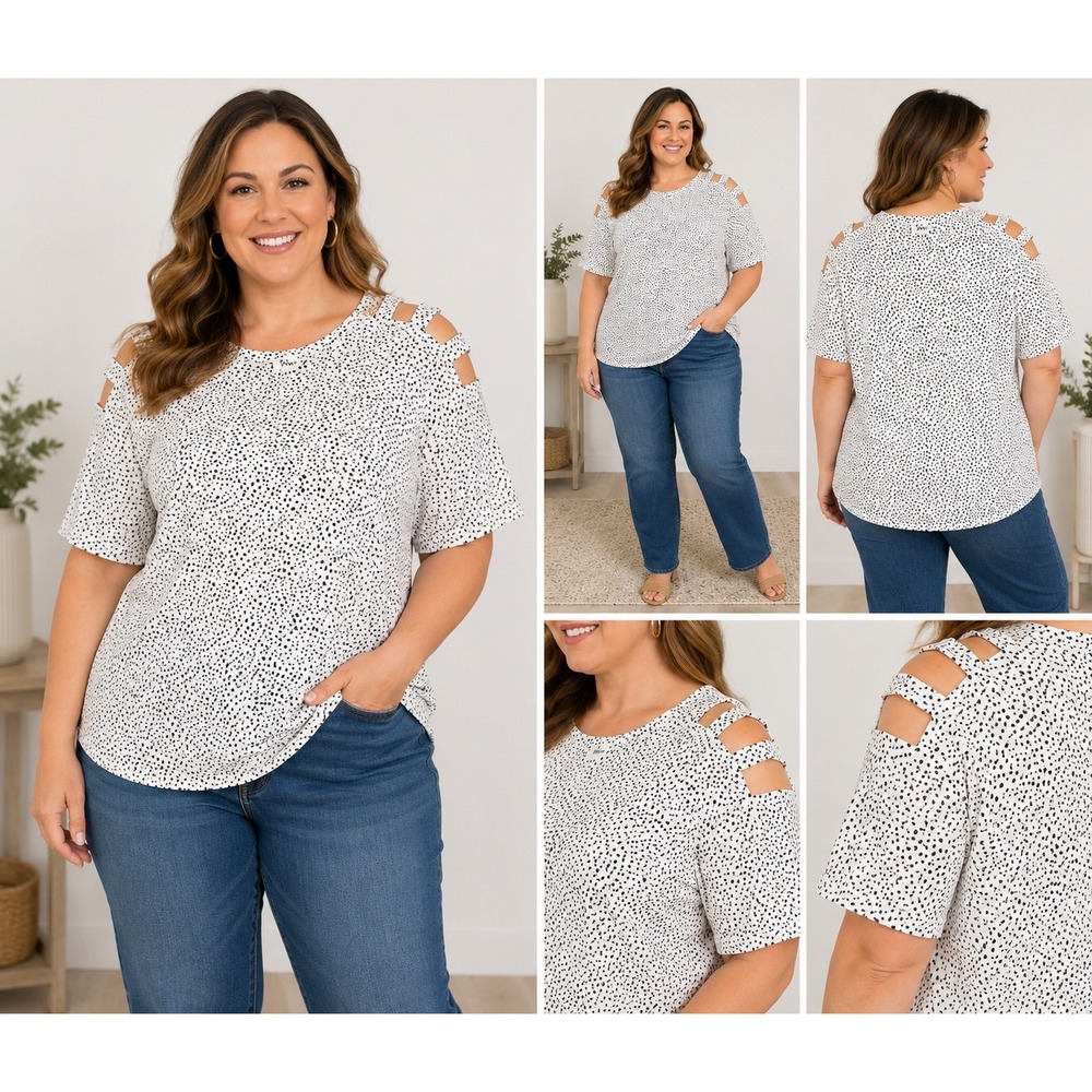 Ava‎ James Women's 2X Black White Animal Print Cold Shoulder Top Plus Size
